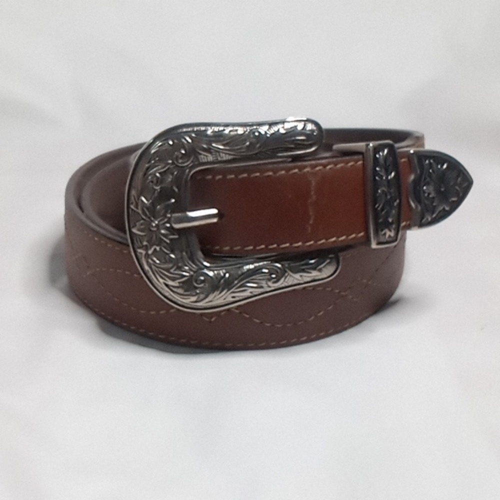 vegan Brown leather Stitched belt Western style 40"